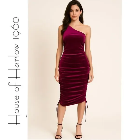 House Of Harlow 1960 Revolve Ruched Velvet One Shoulder Midi Mini Dress Size L - Picture 1 of 16